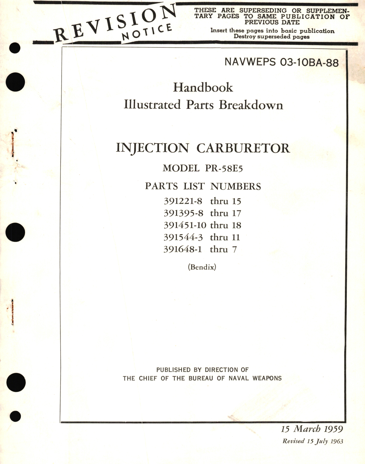 Sample page 1 from AirCorps Library document: Illustrated Parts Breakdown for Injection Carburetor Model PR-58E5 Parts List No. 391221, 291395, 391451, 131544, 391648