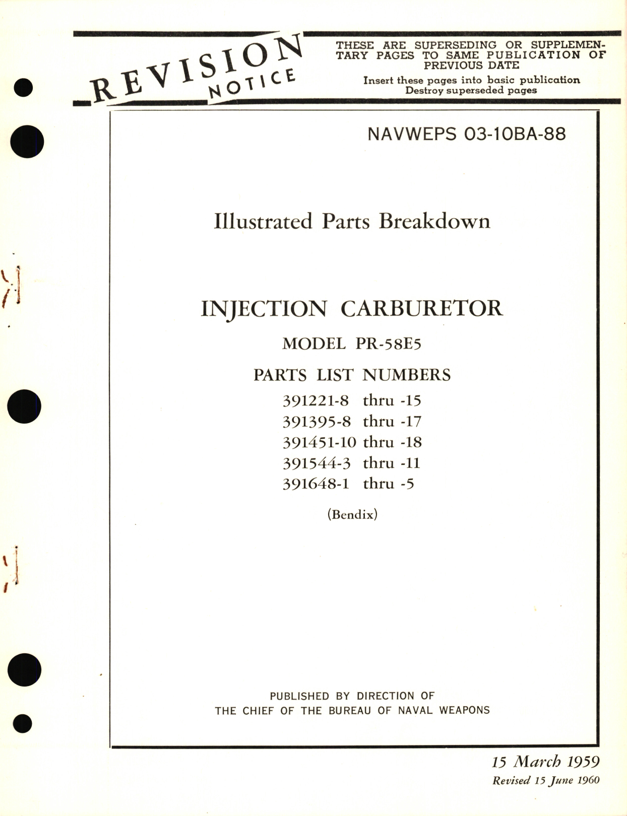 Sample page 1 from AirCorps Library document: Illustrated Parts Breakdown for Injection Carburetor Model PR-58E5 Parts List No. 391221, 291395, 391451, 131544, 391648