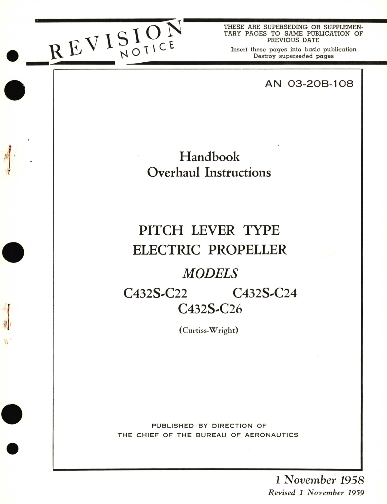 Sample page 1 from AirCorps Library document: Overhaul Instructions for Pitch Lever Type Electric Propeller Model C432S-C22, C432S-C24, C432S-C26