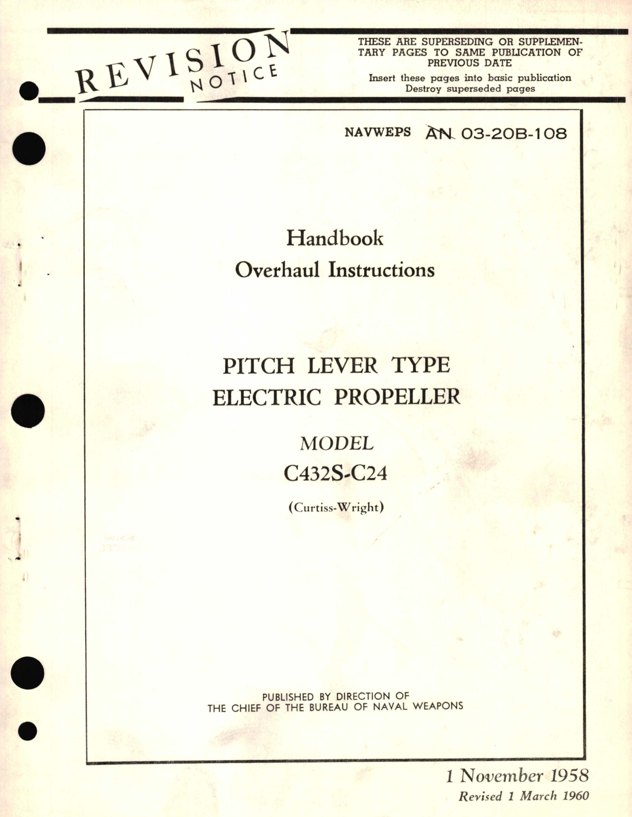 Sample page 1 from AirCorps Library document: Overhaul Instructions for Pitch Lever Type Electric Propeller Model C432S-C24 