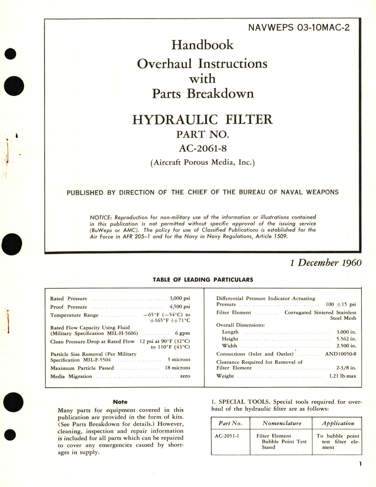 Sample page 1 from AirCorps Library document: Overhaul Instructions with Parts Breakdown for Hydraulic Filter Part No. AC-2061-8 