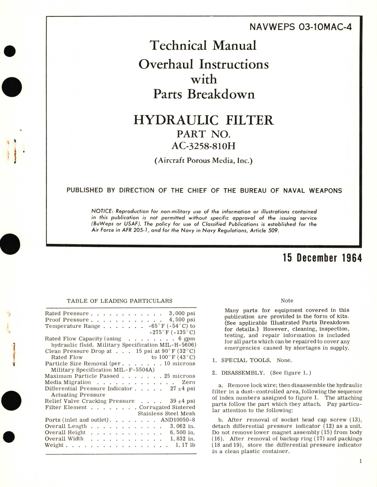 Sample page 1 from AirCorps Library document: Overhaul Instructions with Parts Breakdown for Hydraulic Filter Part No. AC-3258-810H