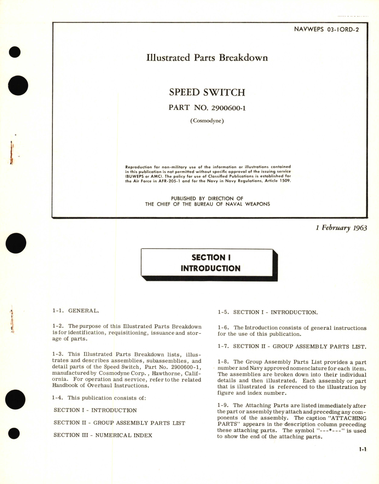 Sample page 1 from AirCorps Library document: Illustrated Parts Breakdown for Speed Switch Part  No. 2900600-1 