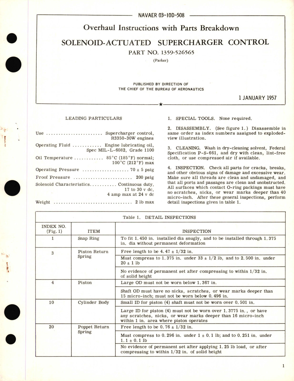 Sample page 1 from AirCorps Library document: Overhaul Instructions with Parts Breakdown for Solenoid-Actuated Supercharger Control Part No. 1359-526565 