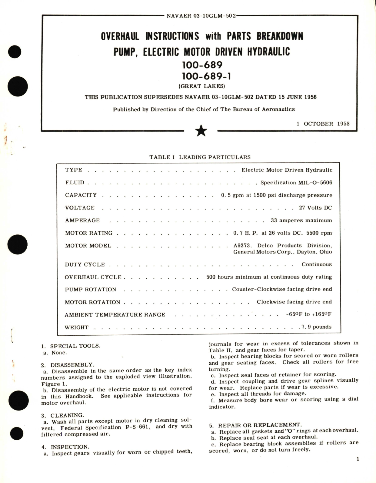 Sample page 1 from AirCorps Library document: Overhaul Instructions with Parts Breakdown for Pump, Electric Motor Driven Hydraulic 100-689, 100-689-1