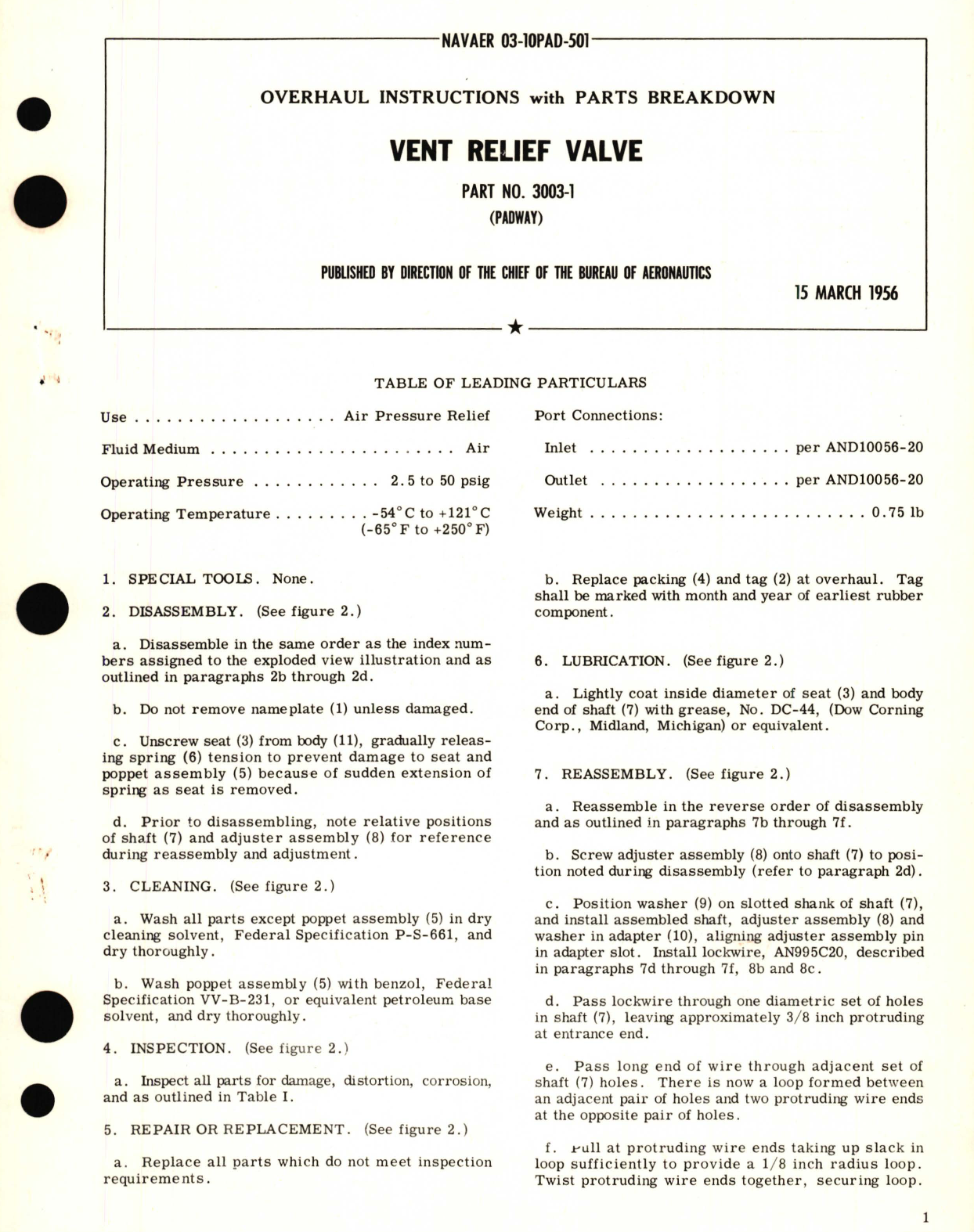 Sample page 1 from AirCorps Library document: Overhaul Instructions with Parts Breakdown for Vent Relief Valve Part No. 3003-1 