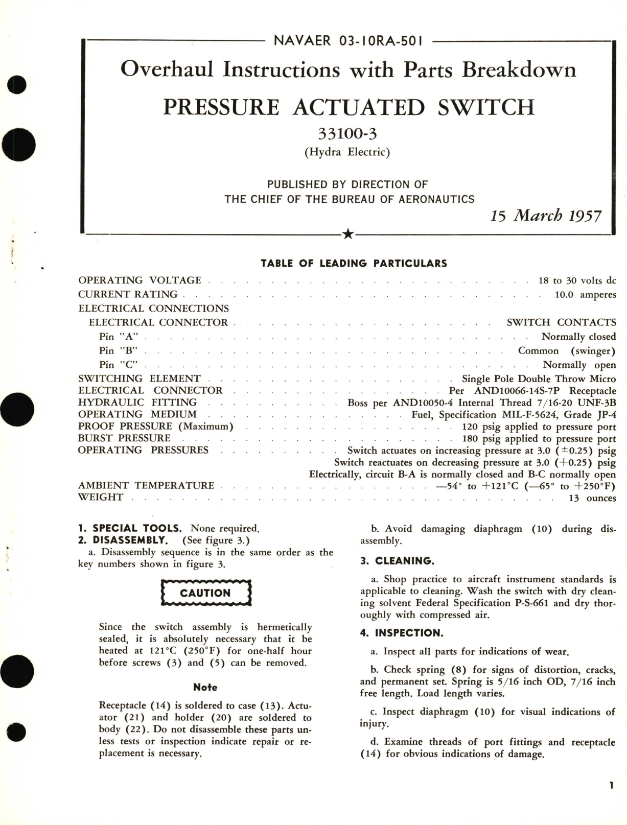 Sample page 1 from AirCorps Library document: Overhaul Instructions with Parts Breakdown for Pressure Actuated Switch 33100-3 