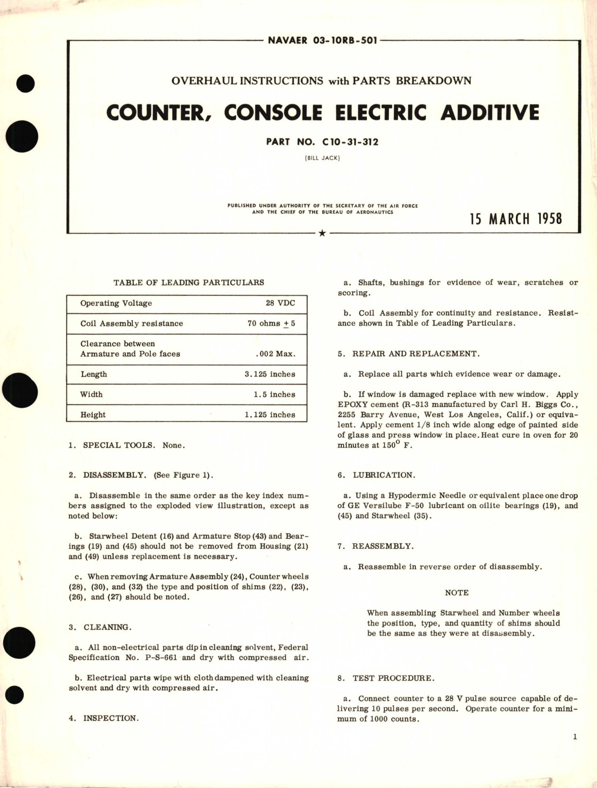 Sample page 1 from AirCorps Library document: Overhaul Instructions with Parts Breakdown for Counter, Console Electric Additive Part No. C10-31-312