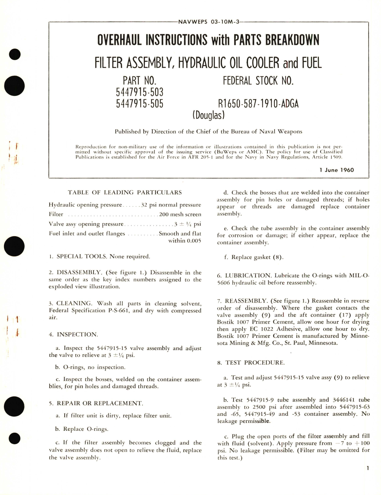 Sample page 1 from AirCorps Library document: Overhaul Instructions with Parts Breakdown for Filter Assembly, Hydraulic Oil Cooler and Fuel Part No. 5447915-503, 5447915-505