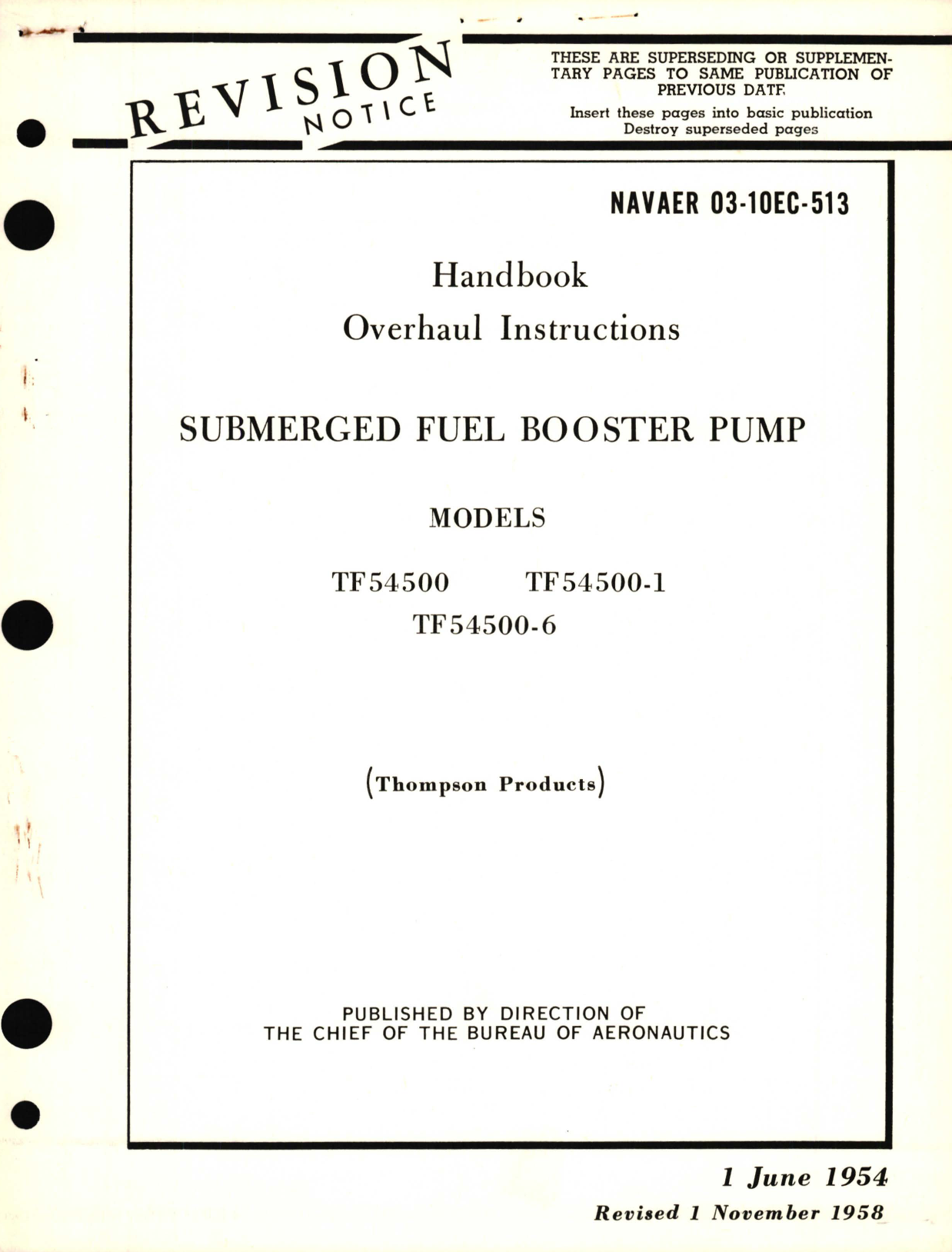 Sample page 1 from AirCorps Library document: Overhaul Instructions for Submerged Fuel Booster Pump Models TF54500, TF54500-1, TF54500-6 