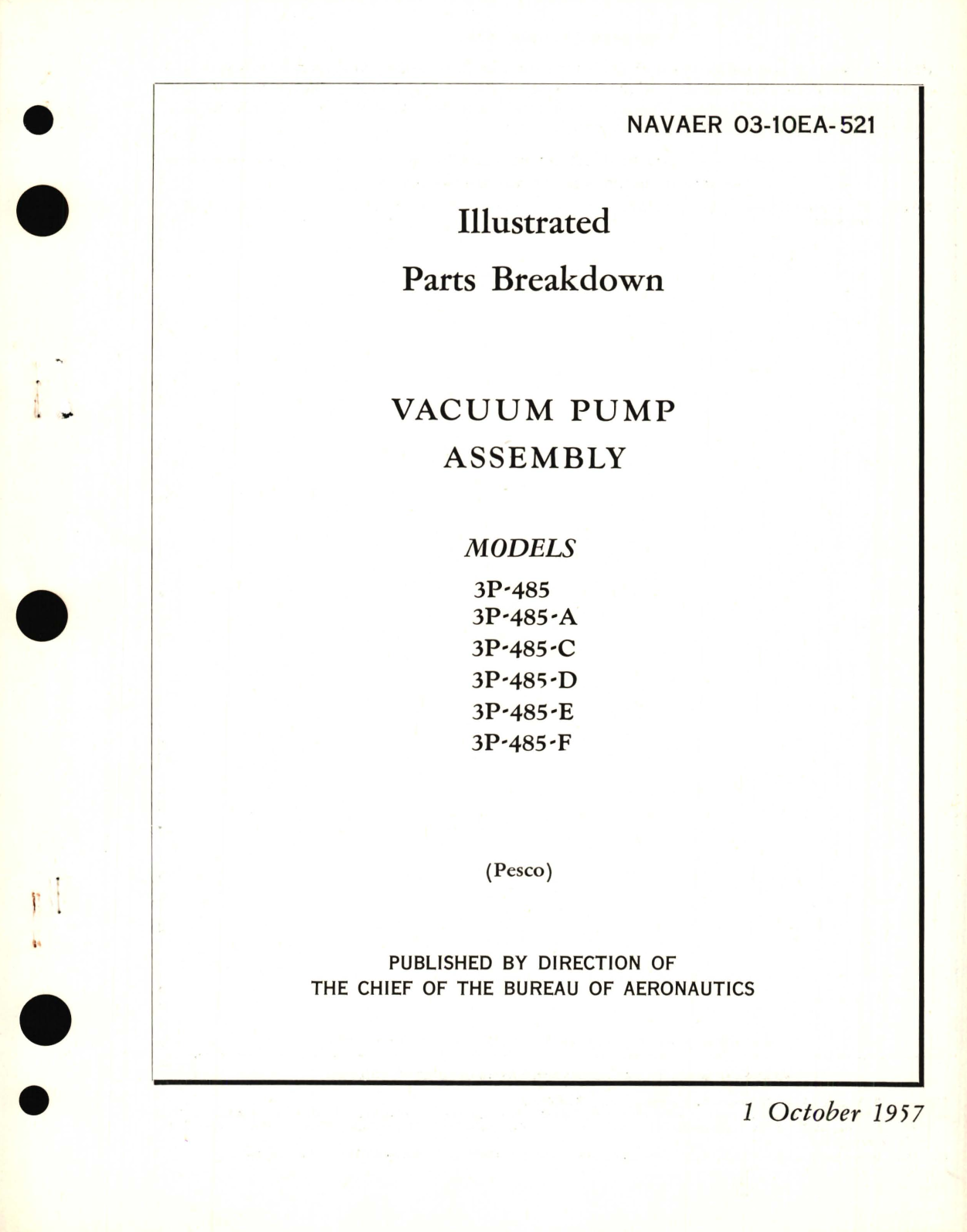 Sample page 1 from AirCorps Library document: Illustrated Parts Breakdown for Vacuum Pump Assembly Models 3P-485 