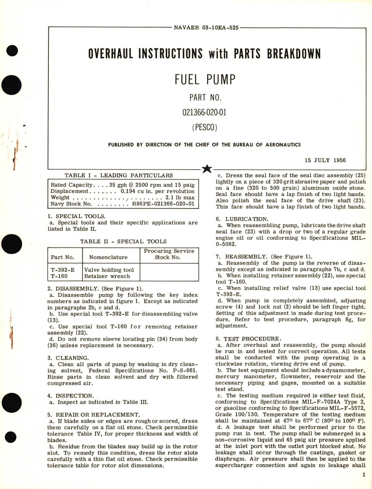 Sample page 1 from AirCorps Library document: Overhaul Instructions with Parts Breakdown for Fuel Pump Part No. 021366-020-01 