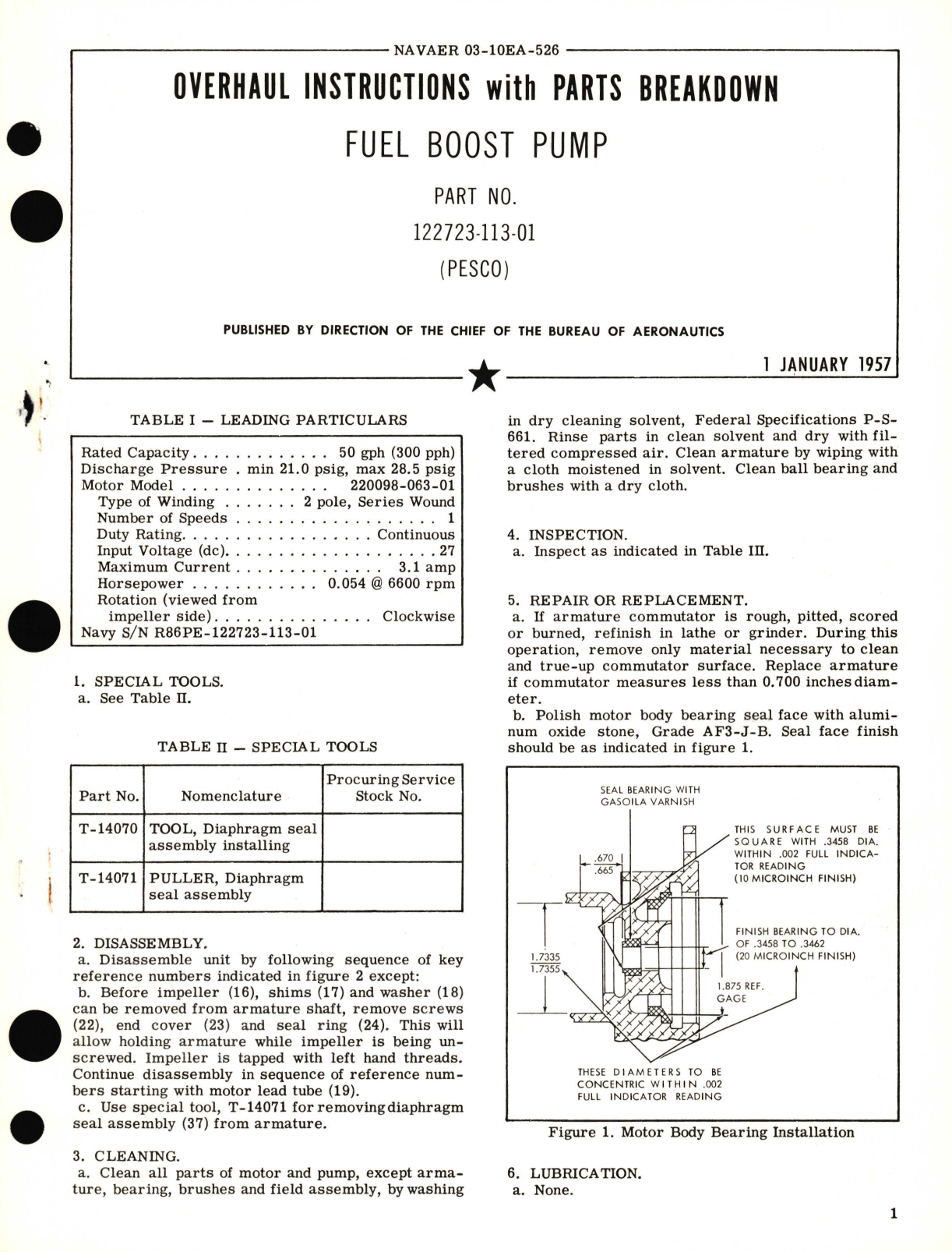 Sample page 1 from AirCorps Library document: Overhaul Instructions with Parts Breakdown for Fuel Boost Pump Part No. 122723-113-01 