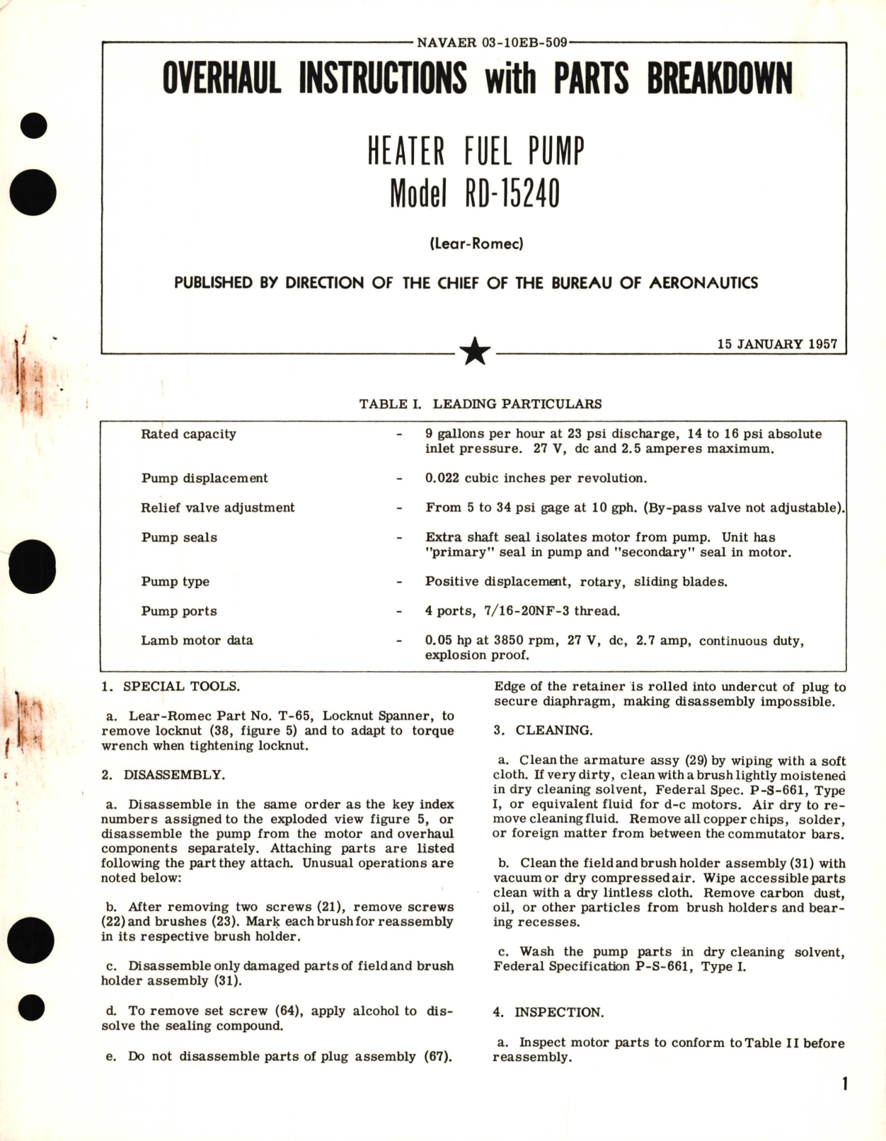 Sample page 1 from AirCorps Library document: Overhaul Instructions with Parts Breakdown for Heater Fuel Pump Model RD-15240 