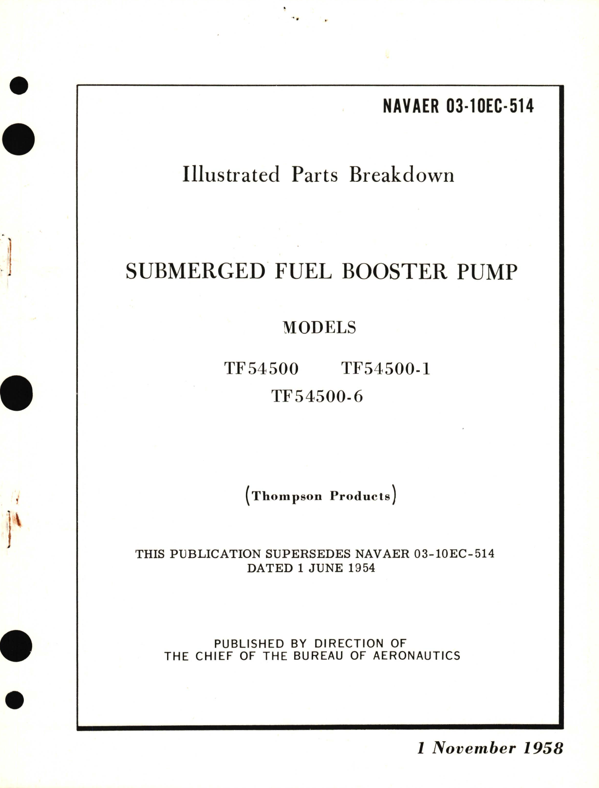 Sample page 1 from AirCorps Library document: Illustrated Parts Breakdown for Submerged Fuel Booster Pump Models TF54500, TF54500-1, TF54500-6 