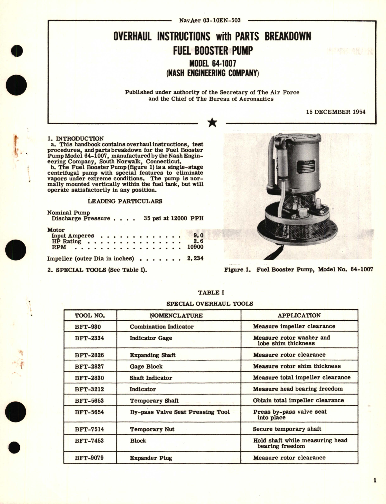 Sample page 1 from AirCorps Library document: Overhaul Instructions with Parts Breakdown for Fuel Booster Pump Model 64-1007 