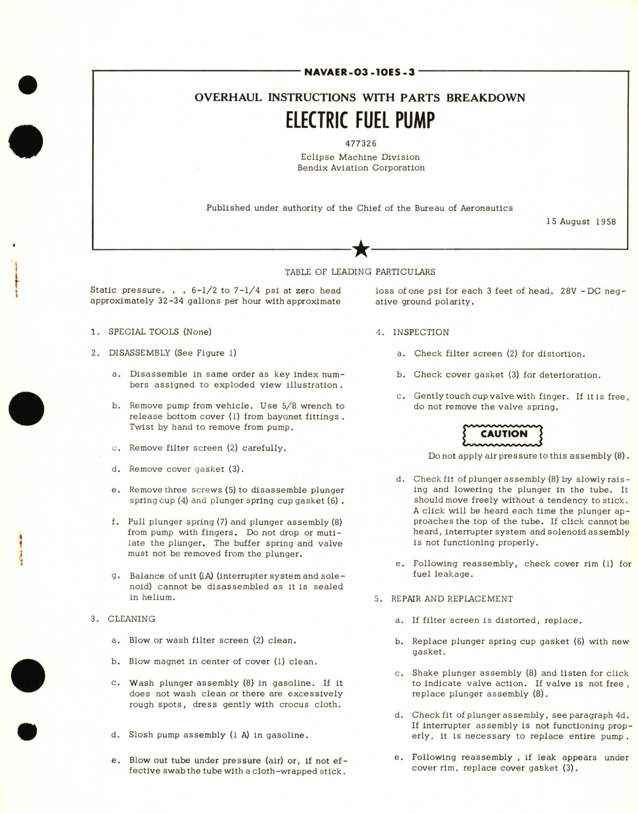 Sample page 1 from AirCorps Library document: Overhaul Instructions with Parts Breakdown for Electric Fuel Pump 477326