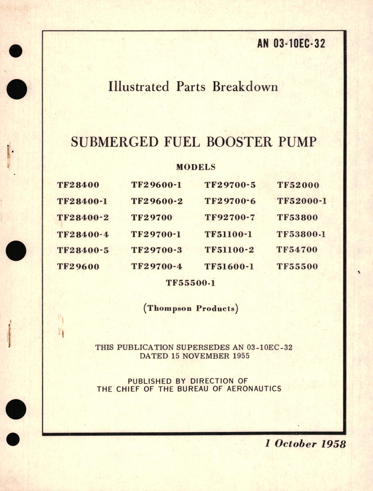 Sample page 1 from AirCorps Library document: Illustrated Parts Breakdown for Submerged Fuel Booster Pump Models TF28400, TF29600, TF29700, TF51100, TF51600, TF52000, TF53800, TF54700, TF55500 