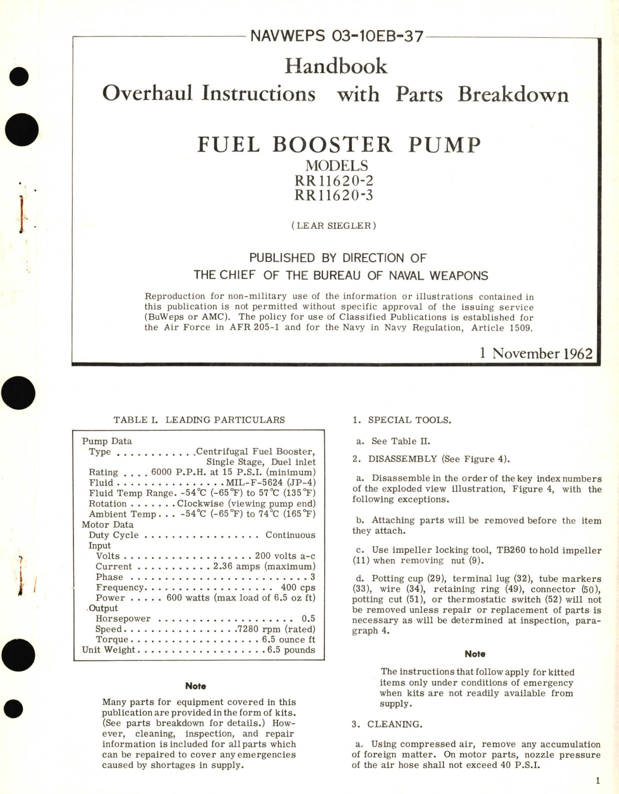 Sample page 1 from AirCorps Library document: Overhaul Instructions with Parts Breakdown for Fuel Booster Pump RR11620-2, RR11620-3 