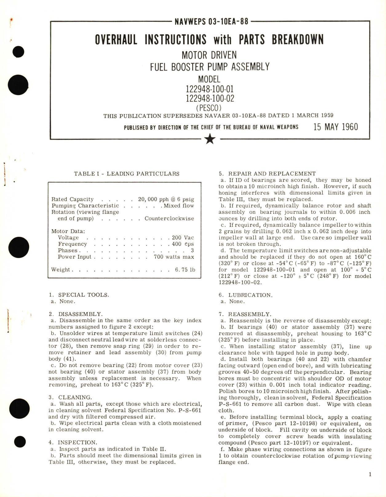 Sample page 1 from AirCorps Library document: Overhaul Instructions with Parts Breakdown for Motor Driven Fuel Pump Assembly Model 122948-100-01, 122948-100-02 