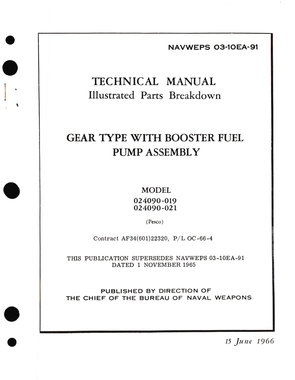 Sample page 1 from AirCorps Library document: Illustrated Parts Breakdown for Gear Type with Booster Fuel Pump Assembly Model 024090-019, 024090-021 