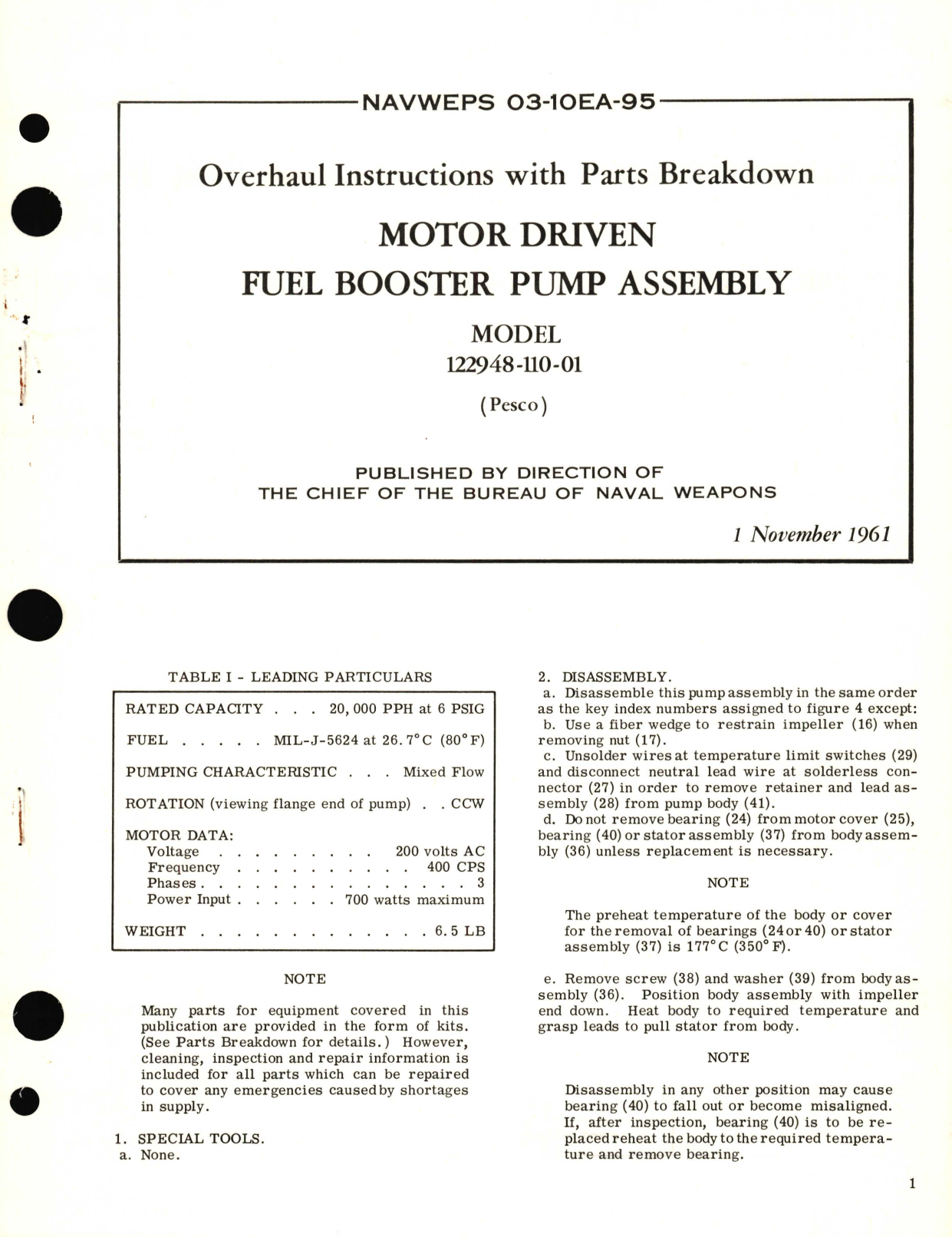 Sample page 1 from AirCorps Library document: Overhaul Instructions with Parts Breakdown for Motor Driven Fuel Booster Pump Assembly Model 122948-110-01 