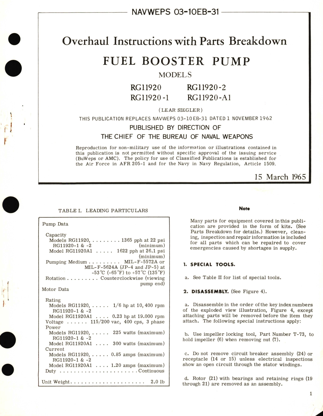 Sample page 1 from AirCorps Library document: Overhaul Instructions with Parts Breakdown for Fuel Booster Pump Models RG11920, RG11920-2, RG11920-1, RG11920-A1