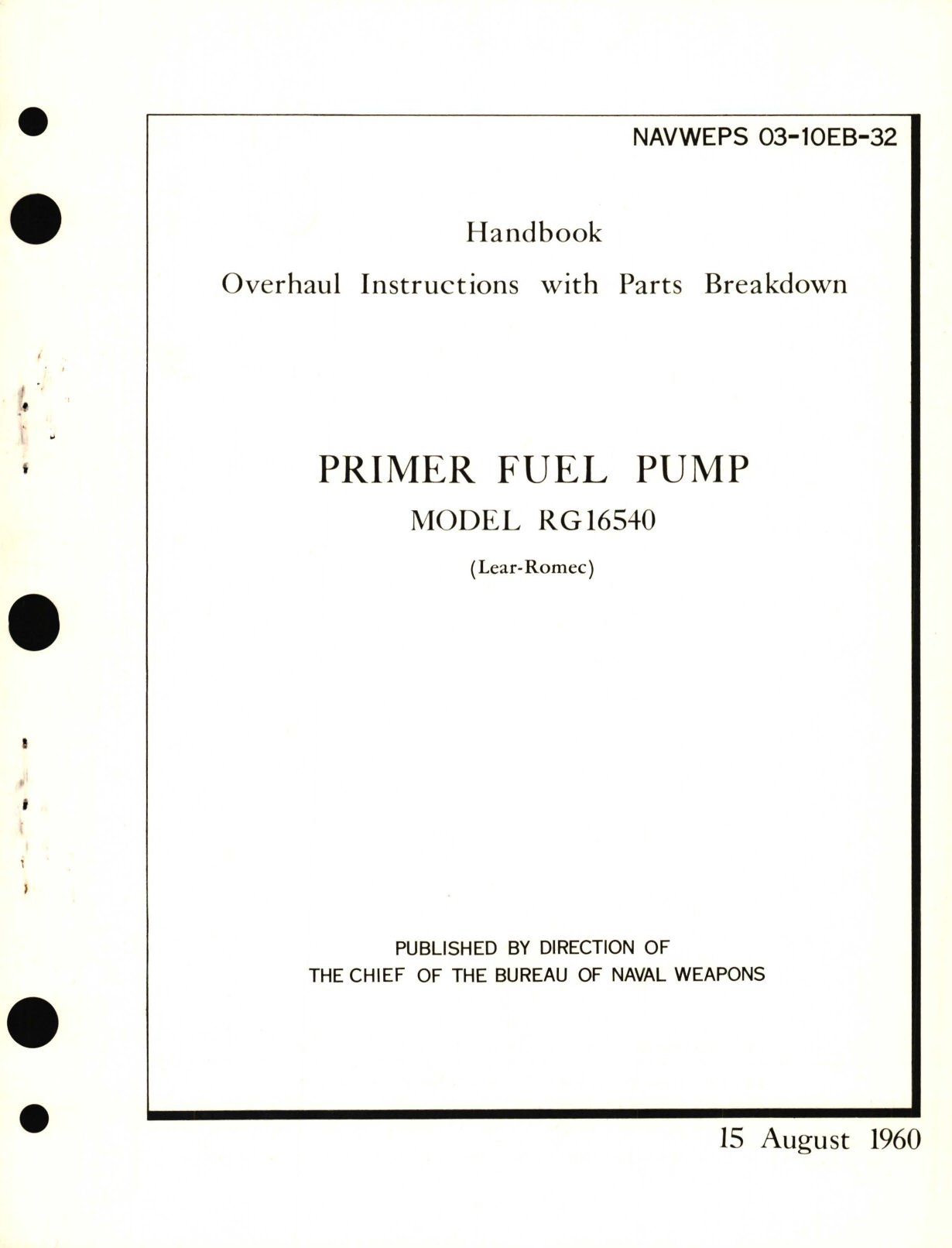 Sample page 1 from AirCorps Library document: Overhaul Instructions with Parts Breakdown for Primer Fuel Pump Model RG16540 