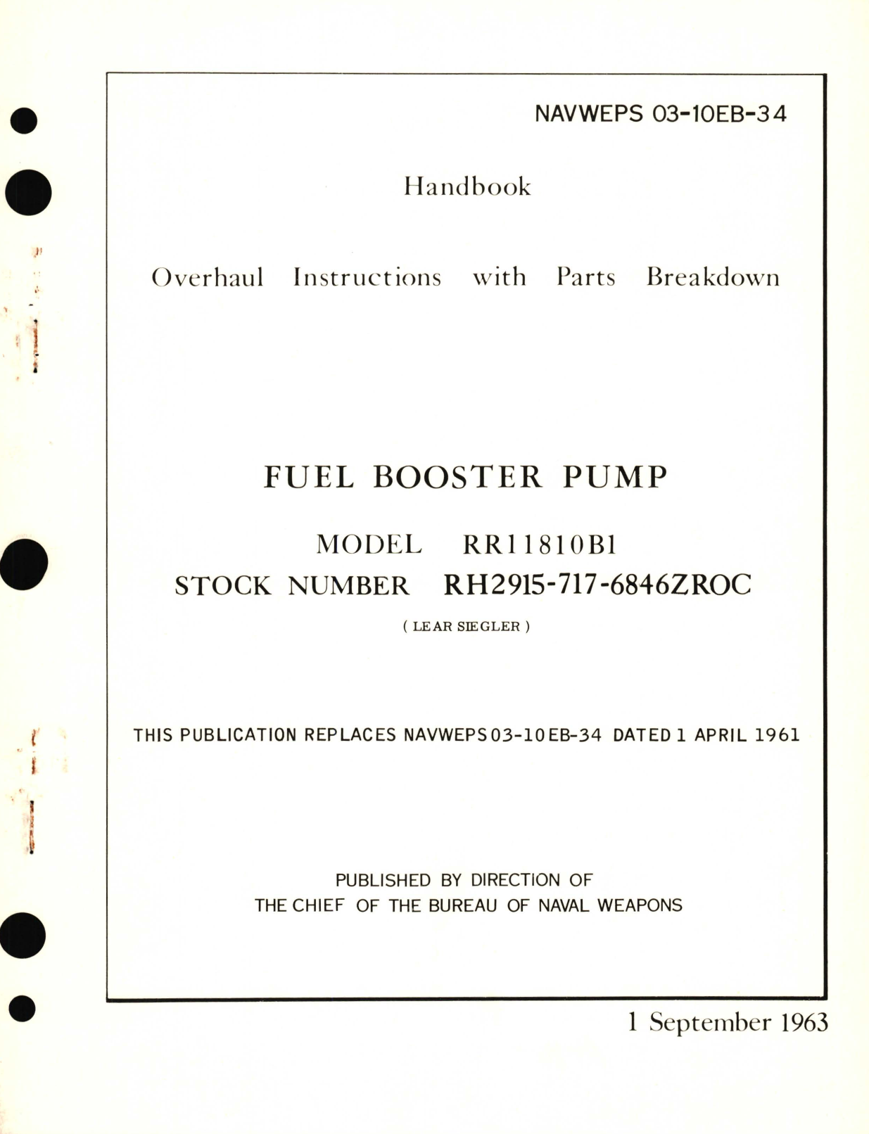 Sample page 1 from AirCorps Library document: 03-10EB-34, Overhaul Instructions with Parts Breakdown for Fuel Booster Pump Model RR11810B1