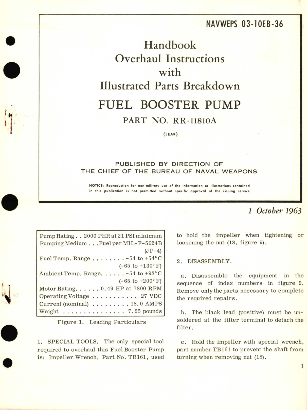 Sample page 1 from AirCorps Library document: Overhaul Instructions with Illustrated Parts Breakdown for Fuel Booster Pump Part No. RR-11810A 