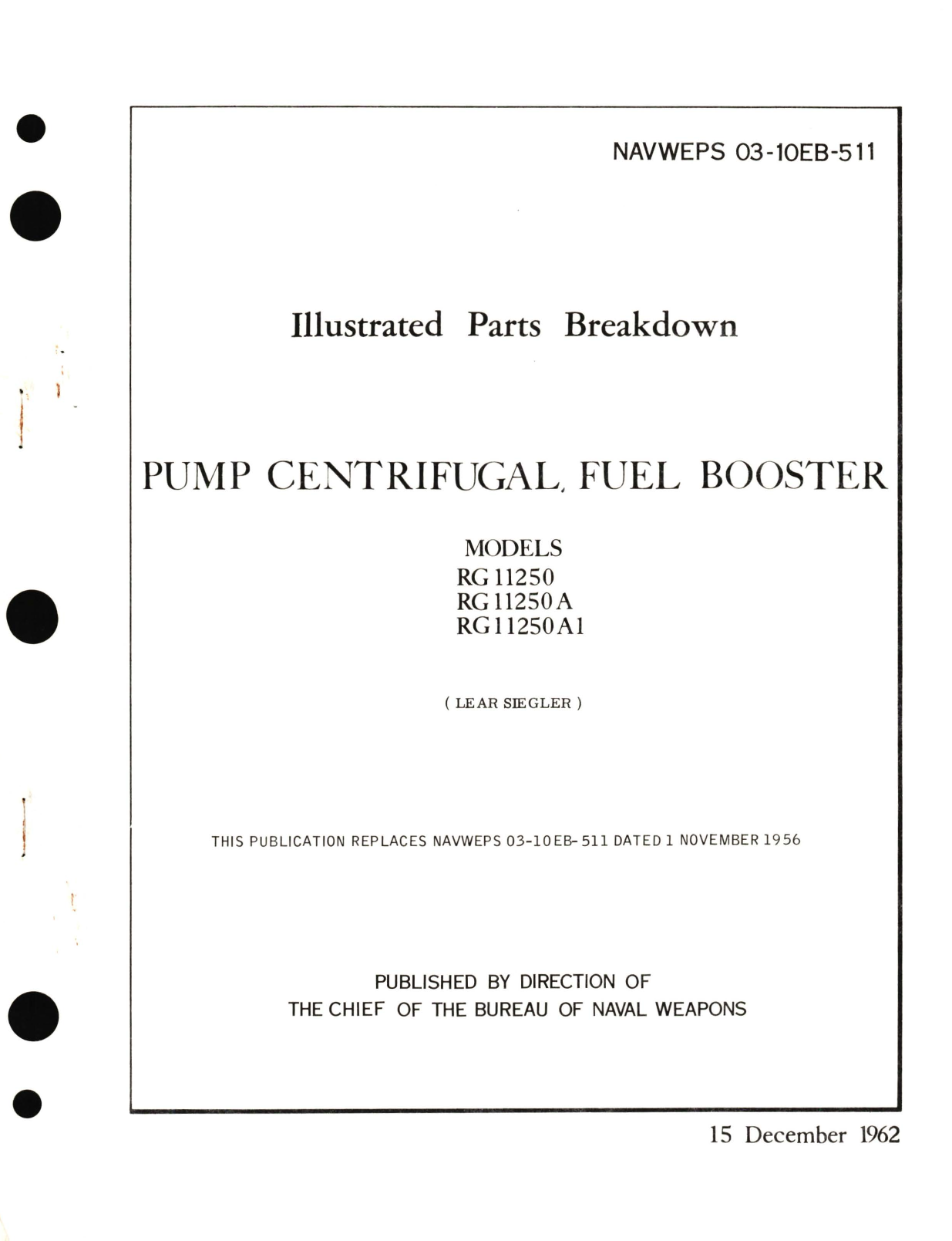 Sample page 1 from AirCorps Library document: Illustrated Parts Breakdown for Pump Centrifugal, Fuel Booster Models RG11250, RG11250A, RG112S0A1