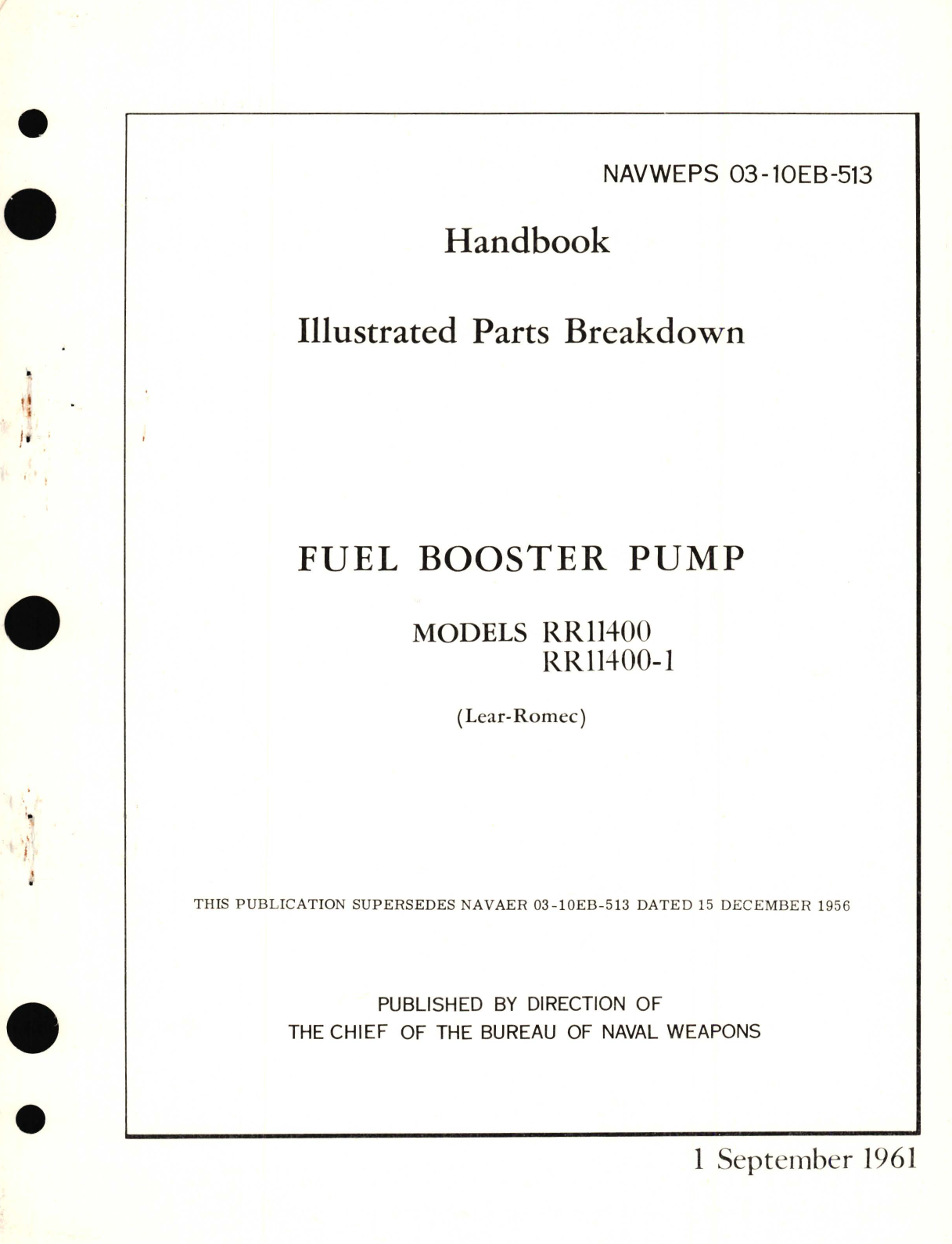 Sample page 1 from AirCorps Library document: Illustrated Parts Breakdown for Fuel Booster Pump Models RR11400, RR11400-1