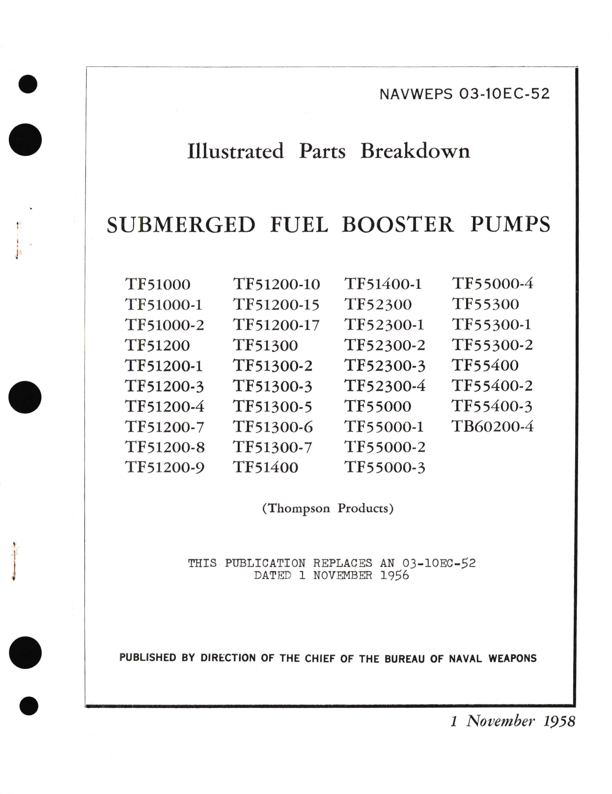 Sample page 1 from AirCorps Library document: Illustrated Parts Breakdown for Submerged Fuel Booster Pumps TF51000, TF51200, TF51300, TF51400, TF52300, TF55000, TF55300, TF55400