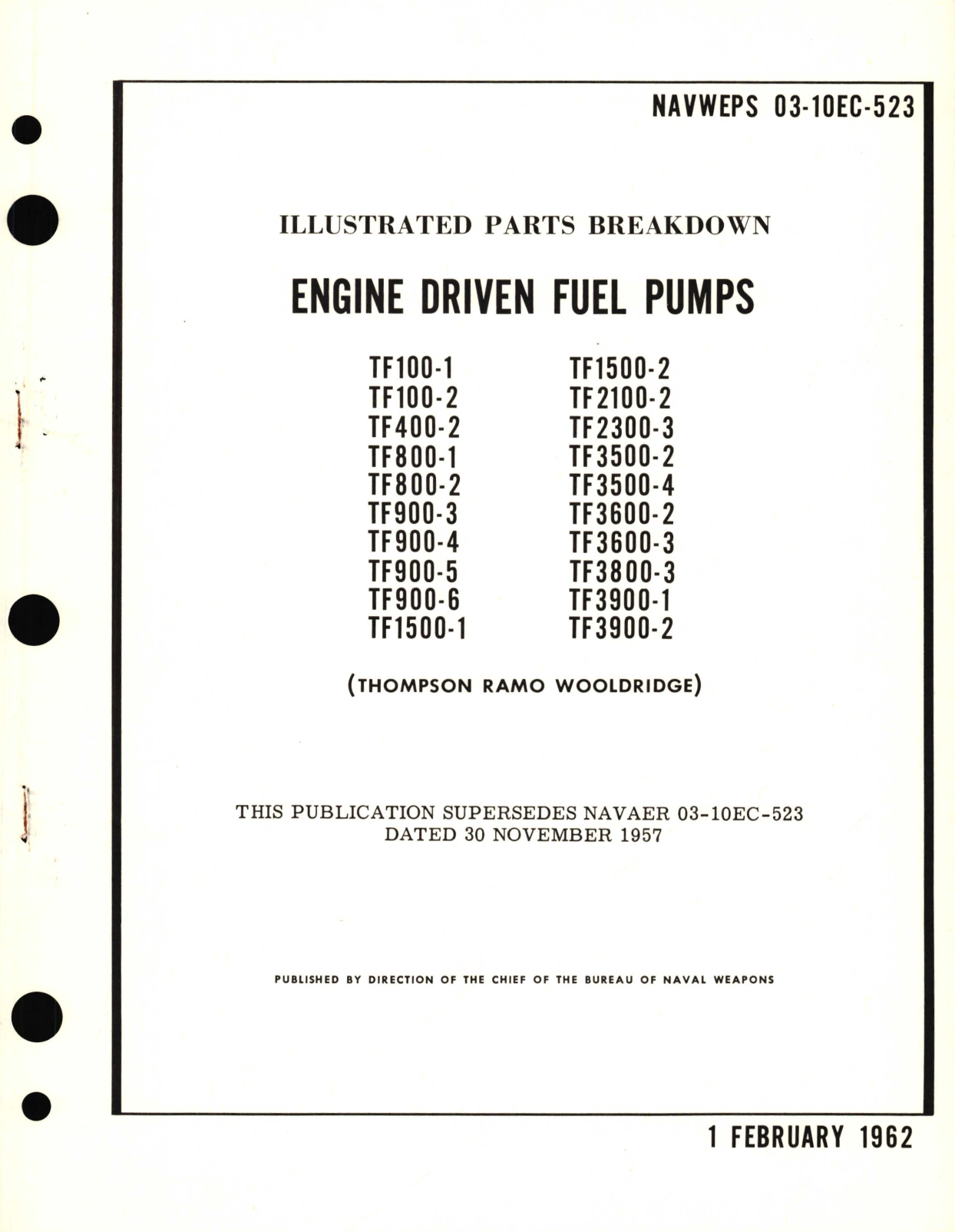 Sample page 1 from AirCorps Library document: Illustrated Parts Breakdown for Engine Driven Fuel Pumps TF100, TF400, TF800, TF900, TF1500, TF2100, TF2300, TF3500, TF3600, TF3800, TF3900