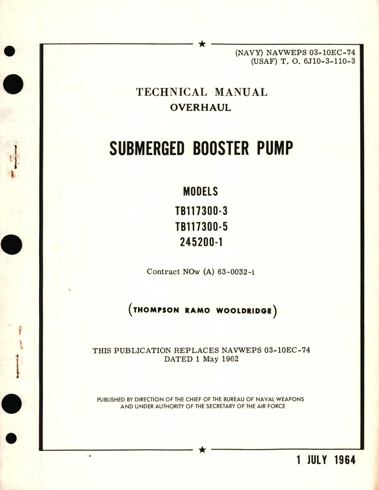 Sample page 1 from AirCorps Library document: Overhaul for Submerged Booster Pump Models TB117300-3, TB117300-5, 245200-1