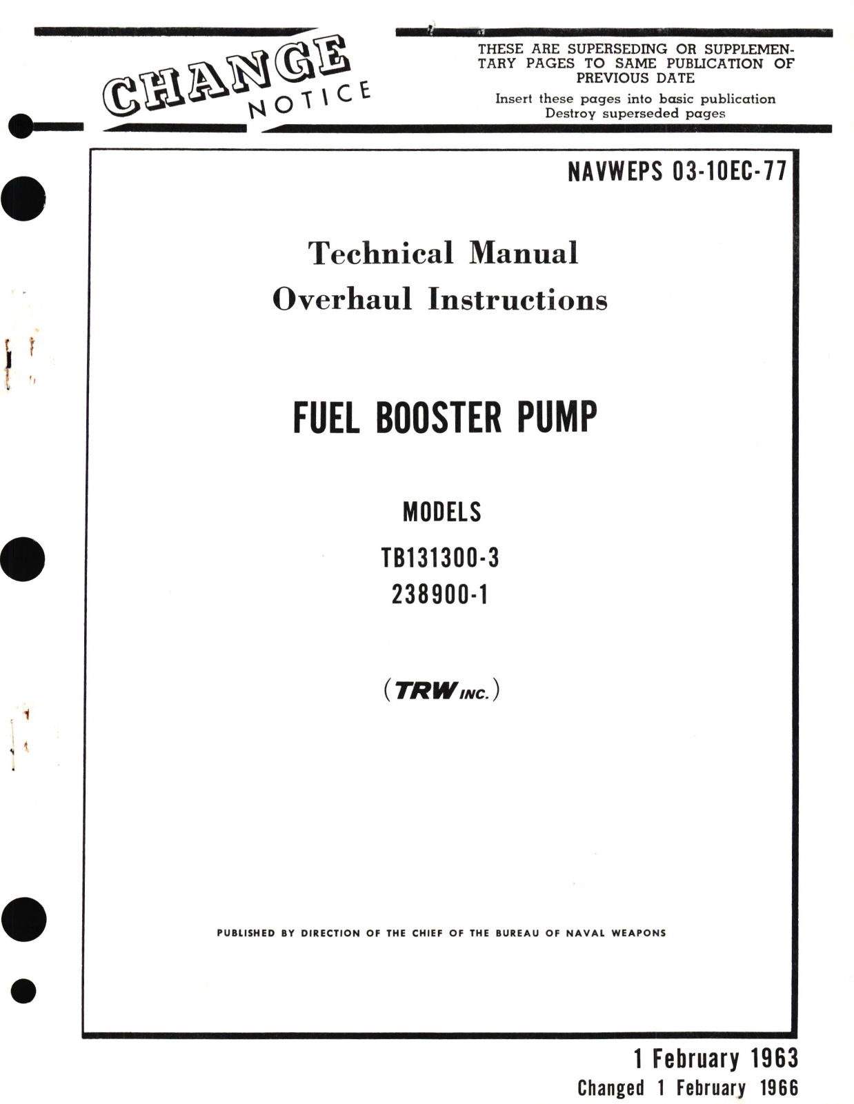 Sample page 1 from AirCorps Library document: Overhaul Instructions for Fuel Booster Pump Models TB131300-3, 238900-1 