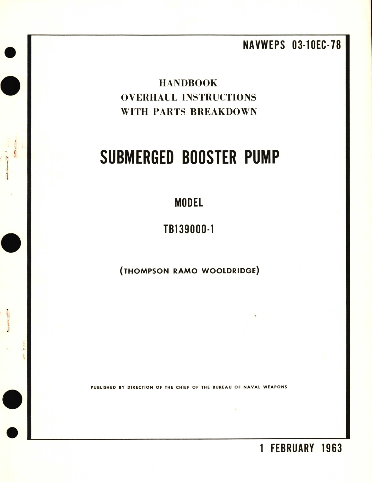 Sample page 1 from AirCorps Library document: Overhaul Instructions with Parts Breakdown for Submerged Booster Pump Model TB139000-1 