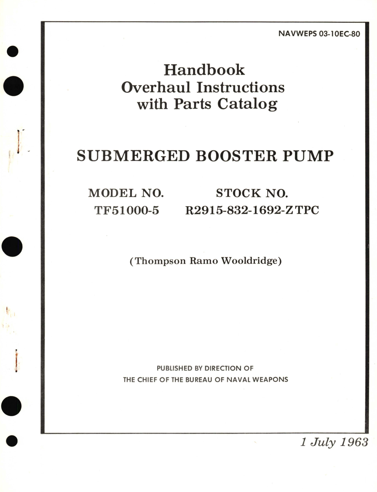 Sample page 1 from AirCorps Library document: Overhaul Instructions with Parts Catalog for Submerged Booster Pump Model No. TF51000-5 