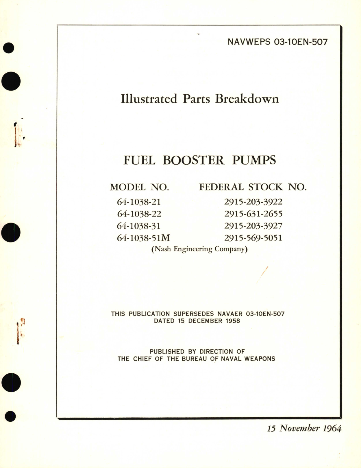 Sample page 1 from AirCorps Library document: Illustrated Parts Breakdown for Fuel Booster Pumps Model No. 64-1038 