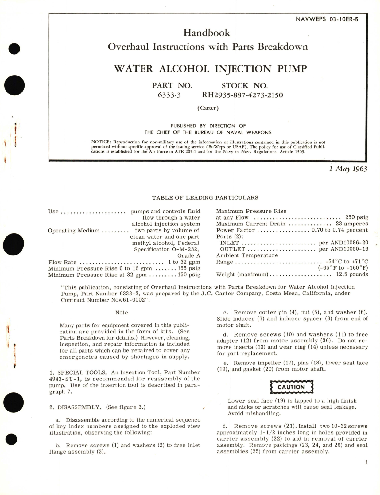 Sample page 1 from AirCorps Library document: Overhaul Instructions with Parts Breakdown for Water Alcohol Injection Pump Part No. 6333-3