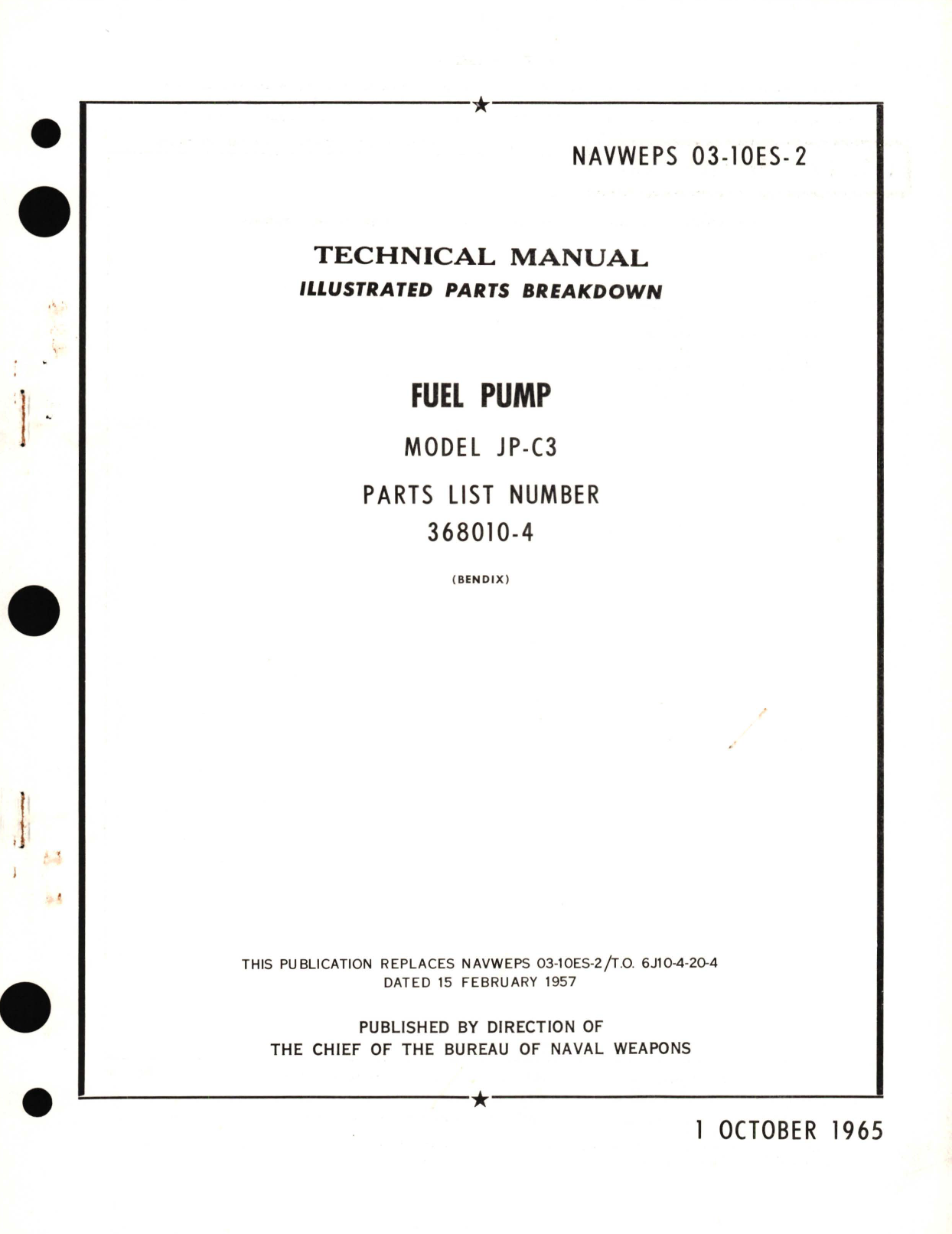 Sample page 1 from AirCorps Library document: Illustrated Parts Breakdown for Fuel Pump Model JP-C3 Parts List No. 368010-4 