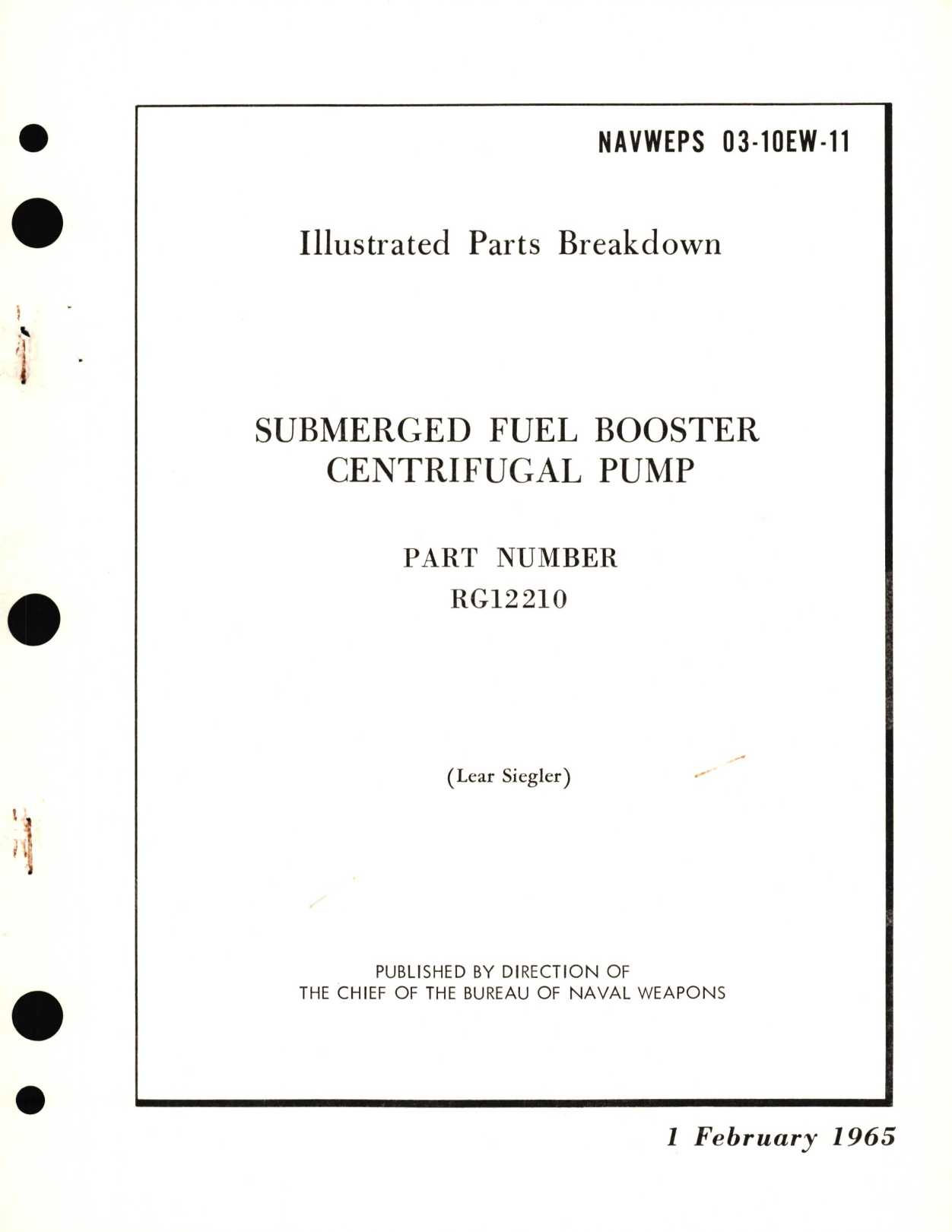 Sample page 1 from AirCorps Library document: Illustrated Parts Breakdown for Submerged Fuel Booster Centrifugal Pump Part No. RG12210 