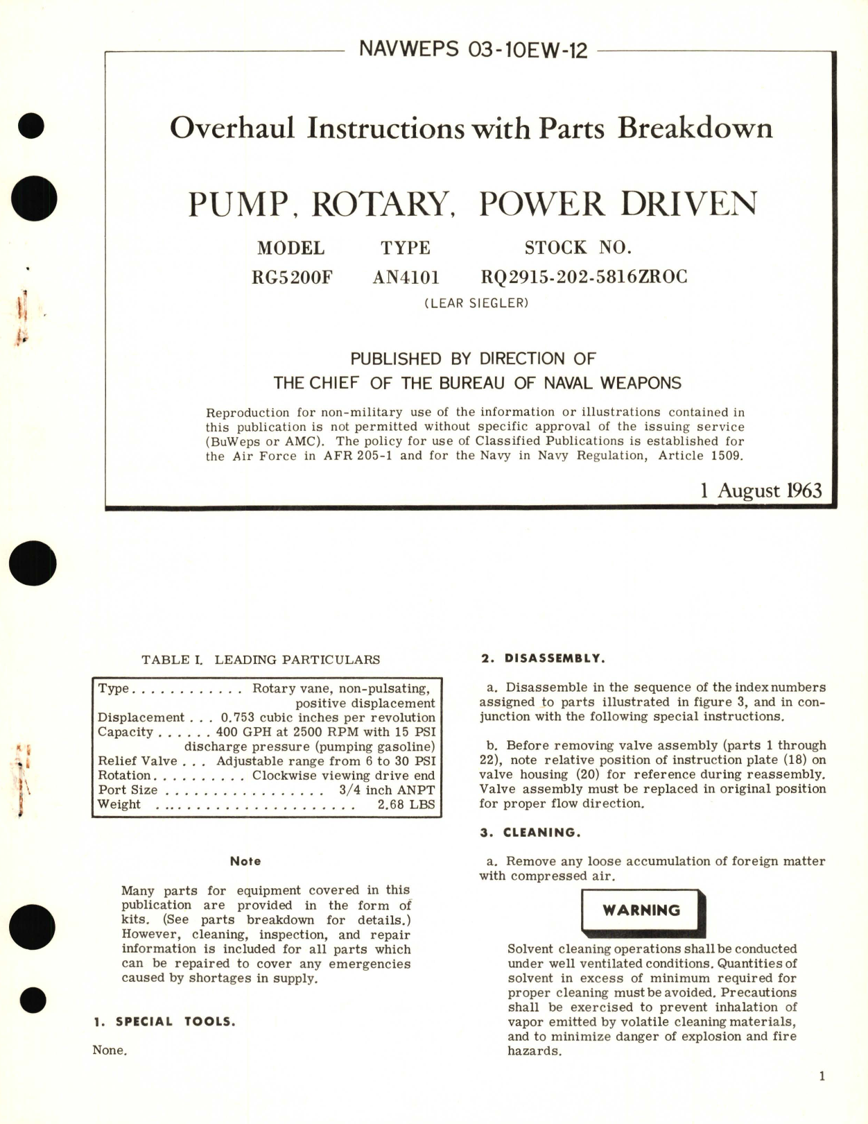 Sample page 1 from AirCorps Library document: Overhaul Instructions with Parts Breakdown for Pump, Rotary, Power Driven Model RG5200F Type AN4101