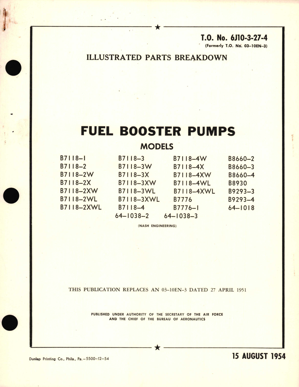 Sample page 1 from AirCorps Library document: Illustrated Parts Breakdown for Fuel Booster Pumps B7118, B7776, B8660, B8930, B9293, 64-1038, B8930, 64-1018