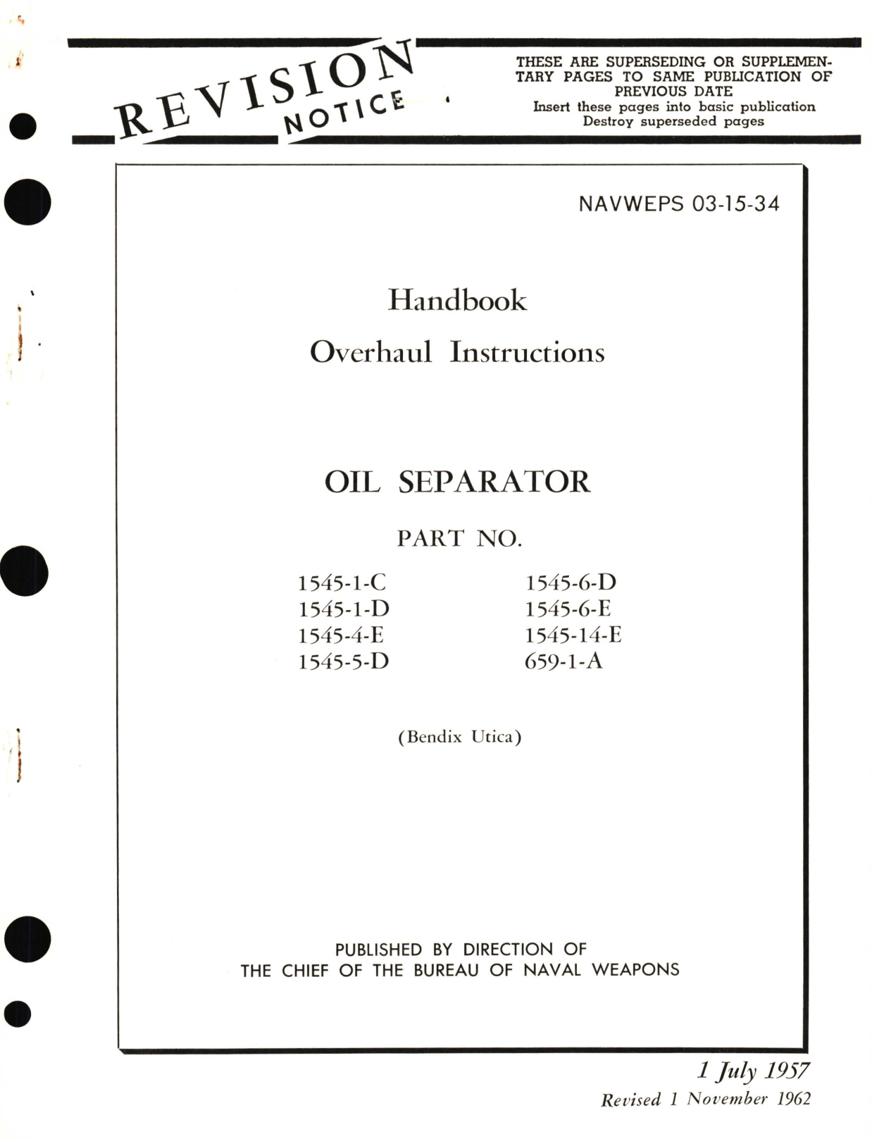 Sample page 1 from AirCorps Library document: Overhaul Instructions for Oil Separator Part No. 1545, 659 