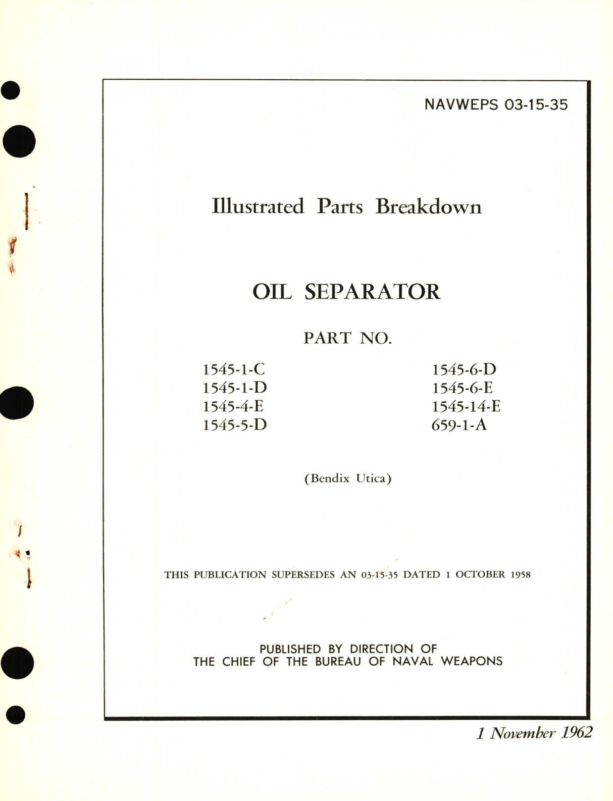 Sample page 1 from AirCorps Library document: Overhaul Instructions with Parts Breakdown for Oil Separator Part No. 1545, 659 