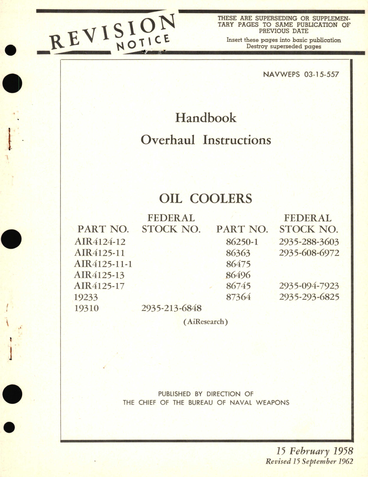 Sample page 1 from AirCorps Library document: Overhaul Instructions for Oil Coolers Part No. AIR4124, 19233, 86250-1, 86363, 86475, 86496, 86745, 87364, 19310, 2935