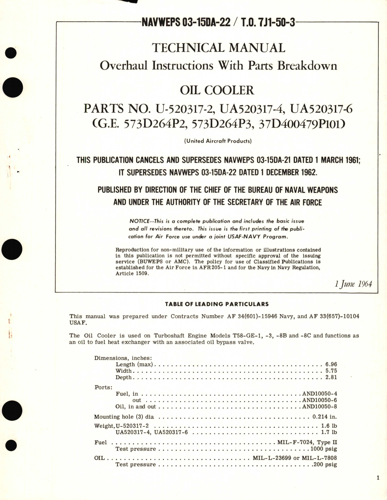 Sample page 1 from AirCorps Library document: Overhaul Instructions with Parts Breakdown for Oil Cooler U-520317, 573D264P2, 573D264P3, 37D400479P101