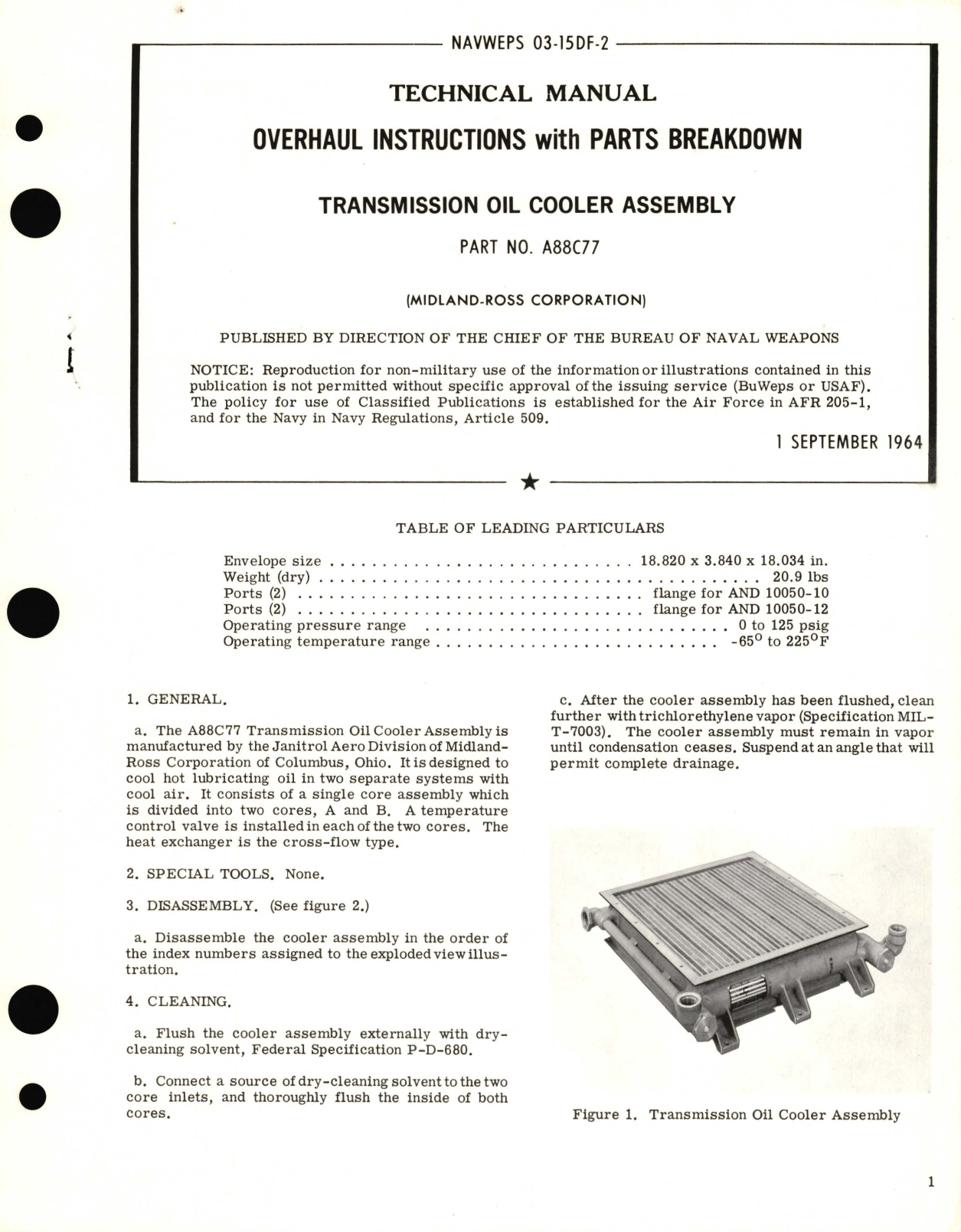 Sample page 1 from AirCorps Library document: Overhaul Instructions with Parts Breakdown for Transmission Oil Cooler Assembly Part No. A88C77 