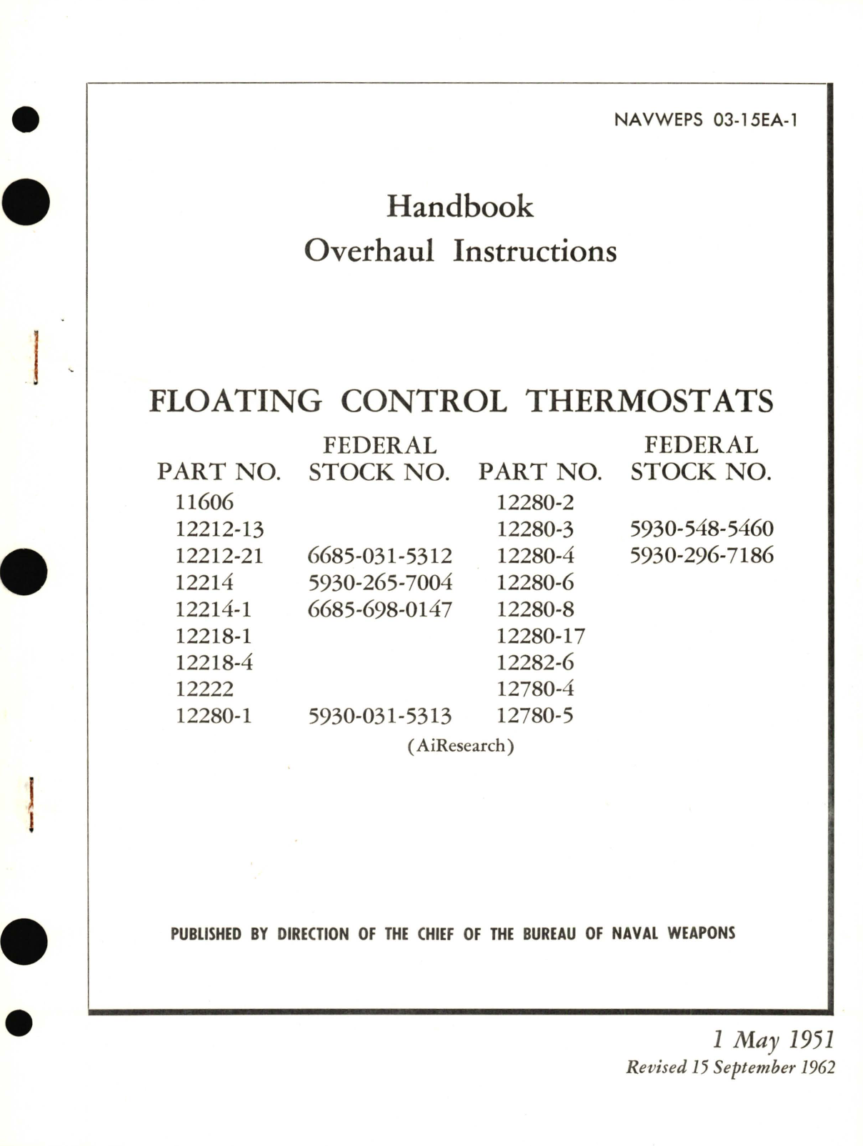 Sample page 1 from AirCorps Library document: Overhaul Instructions Floating Control Thermostats Part No. 11606, 12212, 12214, 12218, 12222, 12280, 12282